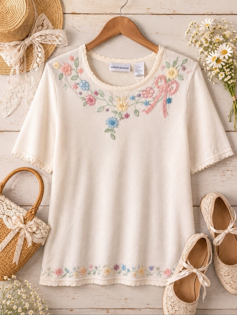 Vintage Alfred Dunner Cottagecore Embroidered Knit Top 2X